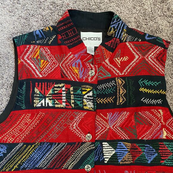 CHICO'S Vintage Red & Black Embroidered Mandarin Collar Vest Size XL - Picture 2 of 8